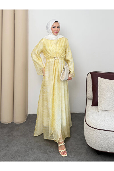 Mihran Butik Silk Model Belted Ankle Drawstring Pattern Detailed Women's Dress