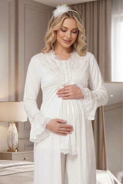 Pelin Women's Ecru Lace New Season Special Design Long Sleeve 3-Piece Materni...