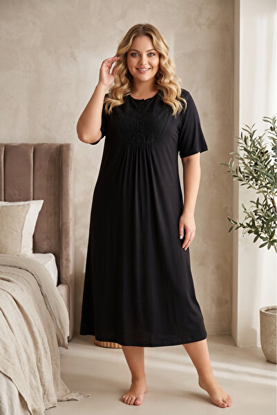 Lohusa Homewear قميص نوم نسائي صيفي أسود بأزرار من الموسم الجديد بتصميم أنيق ...