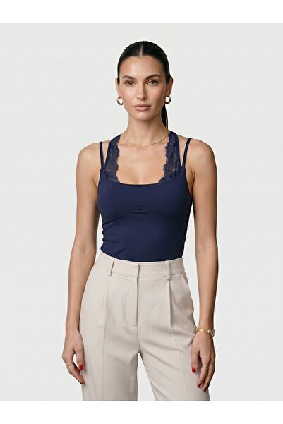 Noe Collection Kadın Dantel Yaka İnce Askılı Çıtçıtlı Bodysuit