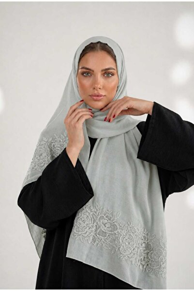 Veil Designer طرحه رمادي بوال طبقتين تطريز ورد الجوري علي طرفين الطرحه 190 *60