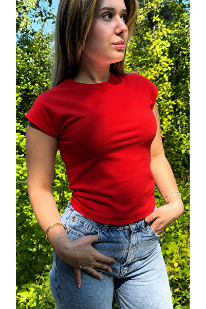 olleo studio Kadın Kırmızı Kolsuz Esnek Ribana Tshirt