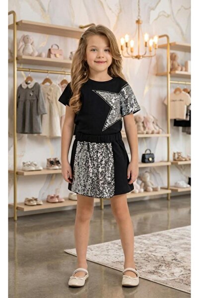 Yağmur Giyim Alpids Girls' Set with Sequin and Stone Embellished Shorts and S...