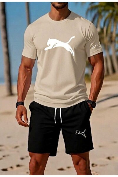 DİVİN Men's Printed Oversize Top-Bottom Set Bartik Shorts T-Shirt