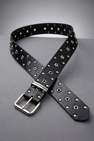 Köstebek Black Star Perforated Studded Gothic Leather Belt