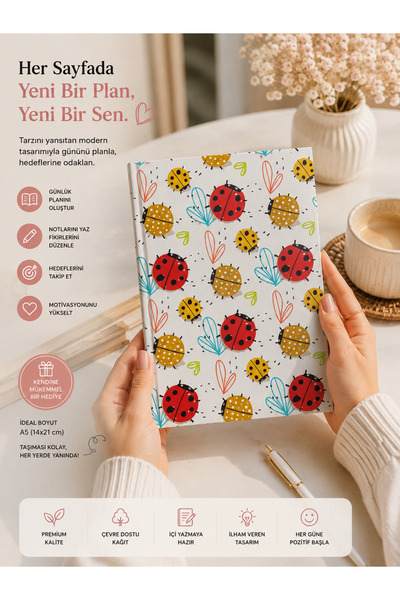 Lizy Uğur Böceği Desenli Çizgili Ajanda Defter | Günlük Planlayıcı, Not Defte...