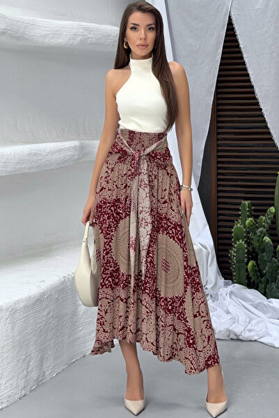 Yeslena Beki Kuşaklı ve Lastikli Yüksek Belli Otantik Desen Astarsız Asimetri...