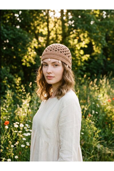 HAWWA Hand Knitted Cotton Thread Net Beanie - Special Design Bohemian Hair Ac...