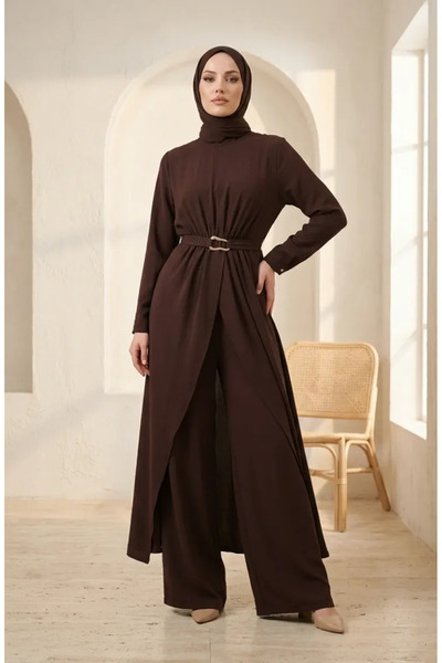 sefamerve Elastic Waist Belted Hijab Double Set 2279-02 Brown