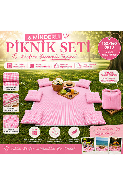 GÖKDAĞ BEDDING Pembe Pötikare Piknik Seti 6 Kişilik ve Minderli Piknik Ortüsü...
