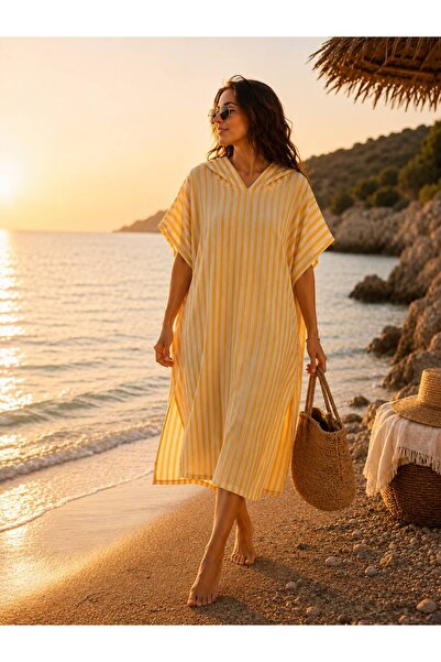 NUNA'S Atelier NUNA’S Atelier Limon Çizgili Panço | Kapüşonlu Plaj ve Havuz P...
