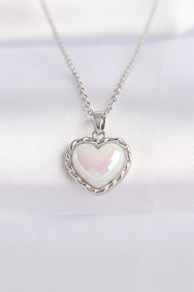 OGHAMAY 316L Steel Chain Silver Color White Stone Curved Heart Necklace