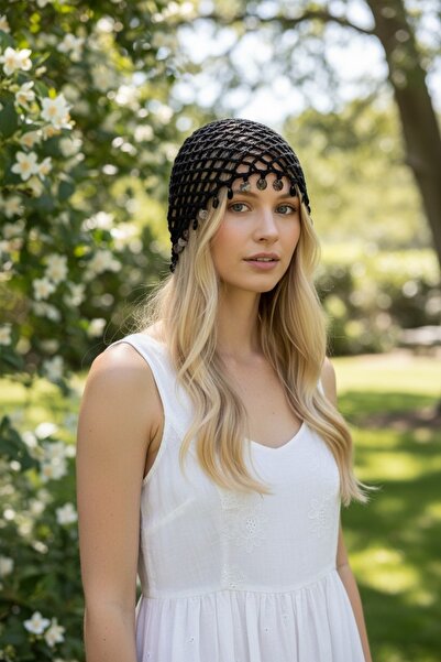 Meralin Elinden Hand Knitted Sequined Black Net Beanie