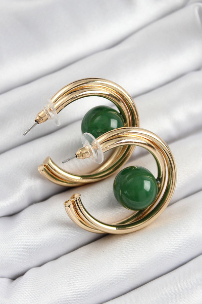 OGHAMAY Brass Gold Color Hoop Model Green Bead Detail Women's Earrings