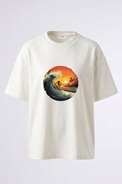 Anetos Tricou supradimensionat alb din bumbac cu imprimeu pe spate Surfer Wav...