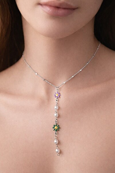 OGHAMAY Silver Color Crushed Chain Flower Pearl Ye Model Steel Necklace - 3838