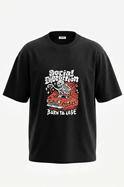 Anetos Tricou oversize negru din bumbac cu imprimeu pe spate Social Distortio...