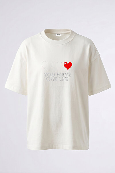Anetos Tricou supradimensionat din bumbac alb cu imprimeu Pixel Heart Design ...