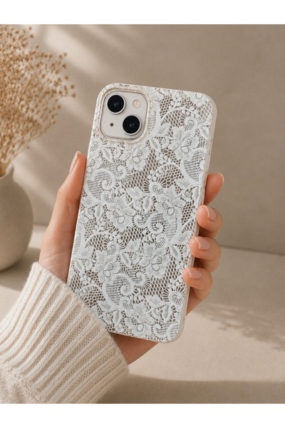 OVADA İphone 13/14/15 Uyumlu Beyaz Dantel Desenli Silikon Telefon Kılıfı