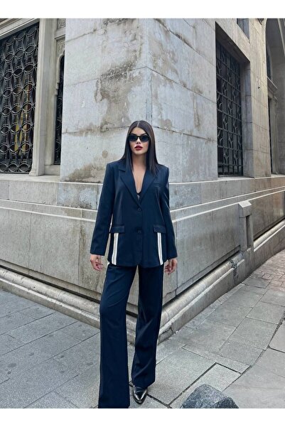 Elif Baysal Boutique Lacivert Detaylı Oversize Blazer Ceket Palazzo Pantolon ...