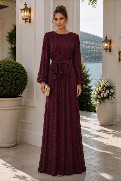 TRENDTESETTÜR KADIN BORDO KUŞAKLI ABİYE ELBİSE T 1464
