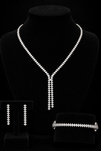 OSMANLI GÜMÜŞ Women's Bijouterie Necklace Earring Set Clara 2 Model Zircon St...