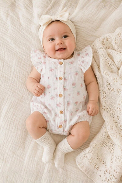 iQBaby Çiçek Desenli Müslin Kız Bebek Barbatöz Tulum
