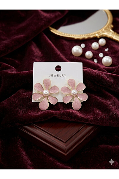 premium jevelry Zarif İnci Detaylı Pastel Pembe Çiçek Küpe – Şık ve Modern Ta...