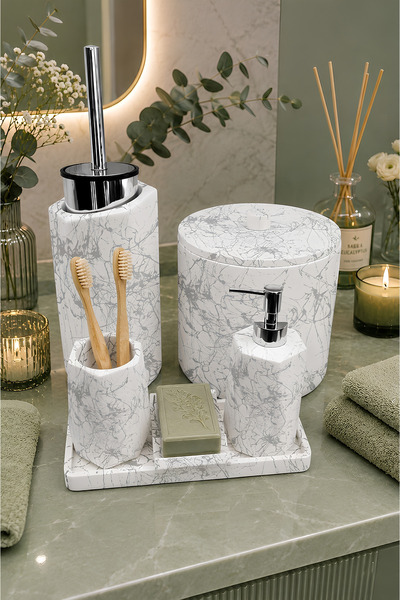 betonmall 8 Piece Handmade Concrete Bathroom Set with Marble Pattern |   Tras...