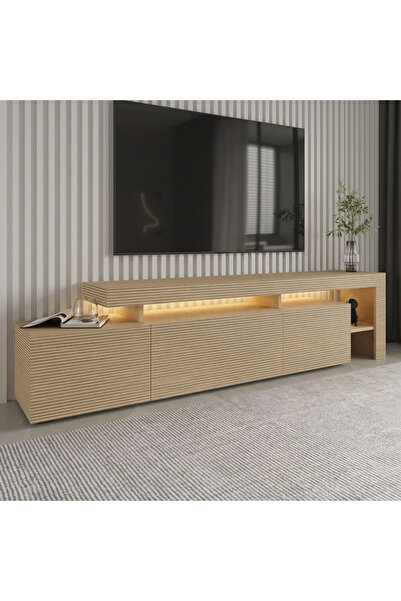 İNARCH DİZAYN Beliz Modern LED Işıklı 3 Kapaklı, Raflı TV Sehpası – 192 cm Sı...