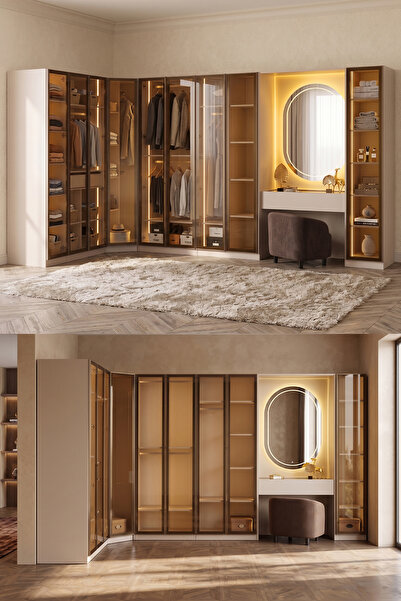 Eymense Lora Camlı Gardırop %100 MDF Makyaj Üniteli Puflu Köşe Full Set Modül...