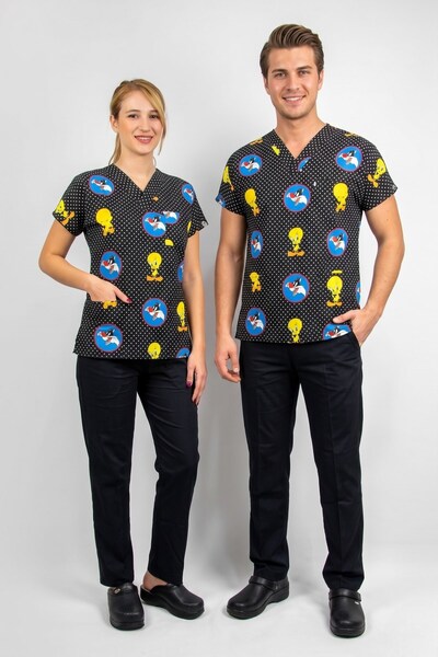 Nur Medikal Giyim Unisex Lycra Tweety Patterned Surgical Uniform Set Nurse Do...