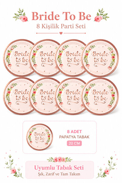 Happyland Bride To Be Yazılı Rosegold Çiçekli Karton Tabak 8’li