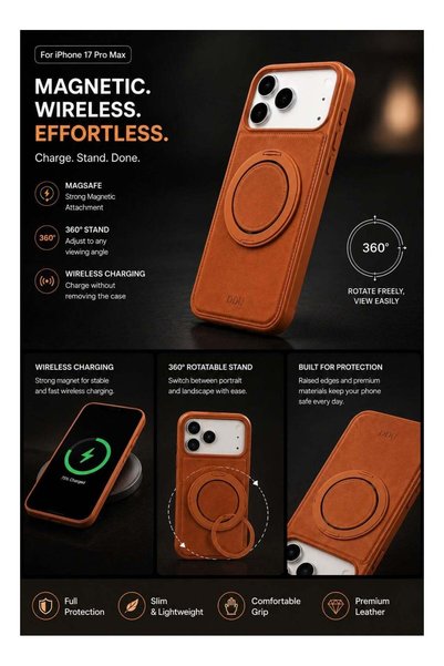 Generic Magnetic Ring Stand Case for iPhone 17 Pro Max – MagSafe Compatible Leather Cover