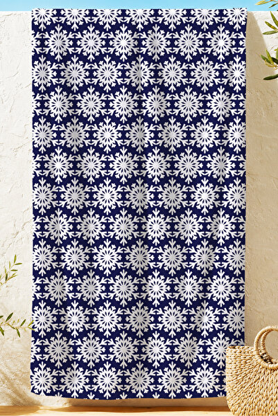 Evimde Bambaşka Navy Blue White Snowflake Beach Towel - Geometric Modern Wint...