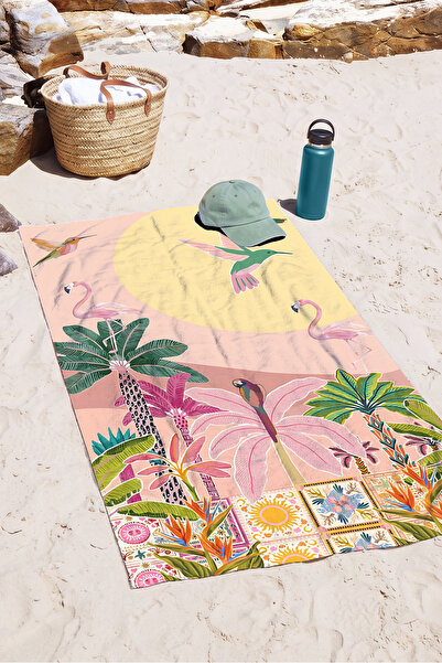 Evimde Bambaşka Prosop de plajă Tropical Flamingo Palm - Prosop din microfibr...
