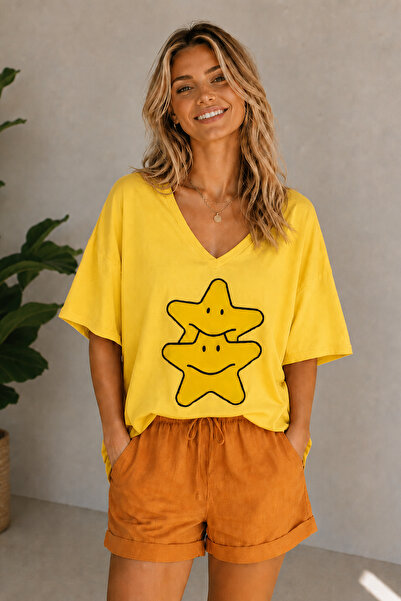 ArtYus Double Star Printed V-Neck Casual Unisex Oversize T-Shirt – Cotton Cas...