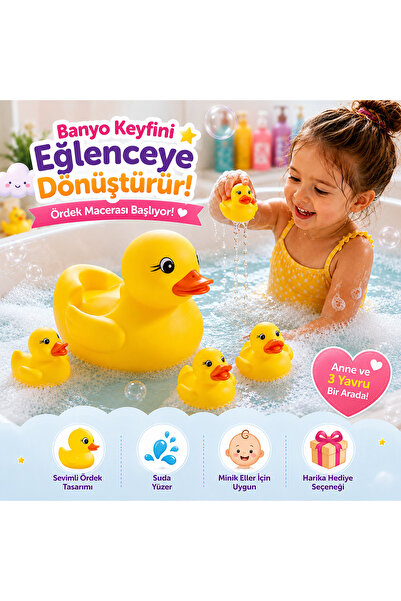 Cici Oyuncak Anne ve 3 Yavru Ördek Vinil Banyo Oyuncağı Seti Suda Yüzen Eğlen...
