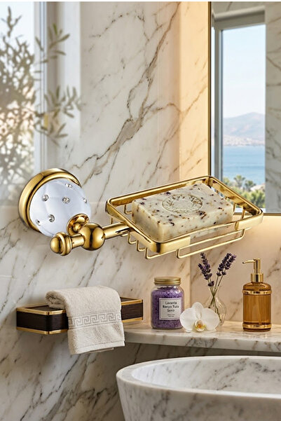 parkbanyo Taşlı Arkası Beyaz Lüks Gold Sabunluk Duvara Monte