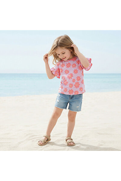 Juniors Crew Neck Short Ruffle Sleeves T-shirt with Floral Print