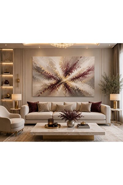 walliva Modern Soyut Patlama Efektli Kanvas Tablo Bordo Krem Bej ve Gold Tonl...
