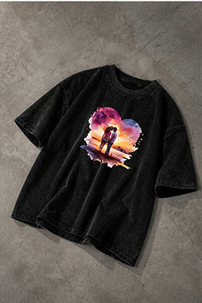 Pink Sky تي شيرت كبير الحجم للجنسين قابل للغسل، تي شيرت مغسول بأسلوب الشارع ا...