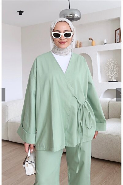 NURİVASTORE Baglama Detaylı Kimono TAKIM Çağla yeşili