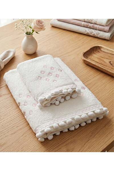 Arliva Home PERLA NAKIŞLI PONPONLU 2 li HAVLU SETI PUDRA 50X80 cm ve 30X50 cm