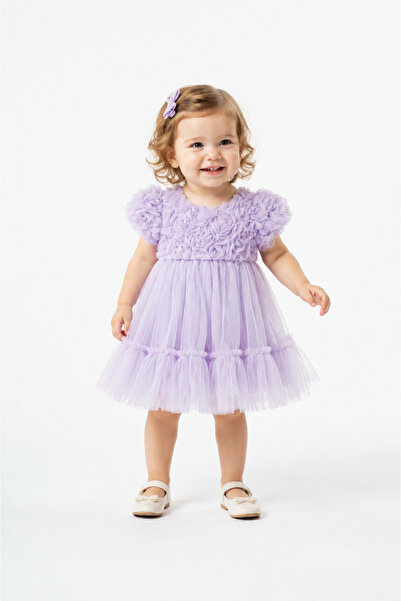 SweetMe Soft Lilac Kız Bebek Tüllü Elbise Çiçek Detaylı Özel Gün Doğum Günü E...