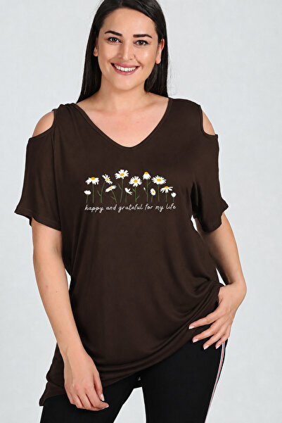 Curvy Trend Large Size Daisies Printed Shoulder V Window Short Sleeve Blouse