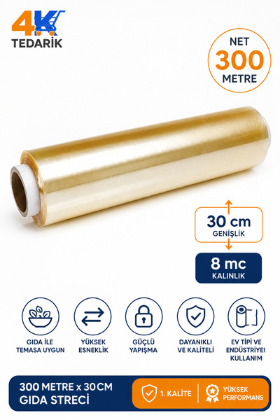 300 metre x 30 cm Gıda Streçi 8mc Kutusuz Ev Tipi ve Endüstriyel Streç Film 1. Kalite (NET 300 METRE)