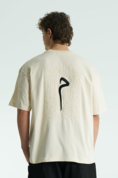 SHANBERWEAR Glyph Nakışlı Oversize Erkek Tişört %100 Pamuk Bisiklet Yaka