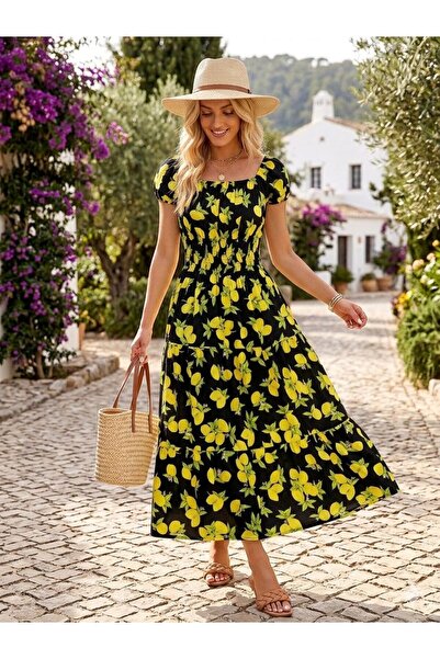 tülaybutik Kadın yazlık gipeli uzun yakası ayarlanabilir full esnek elbise