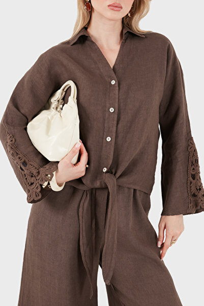 Via Dante Relaxed Fit Güpür Detaylı Uzun Kollu Keten Gömlek GÖMLEK 699E31842